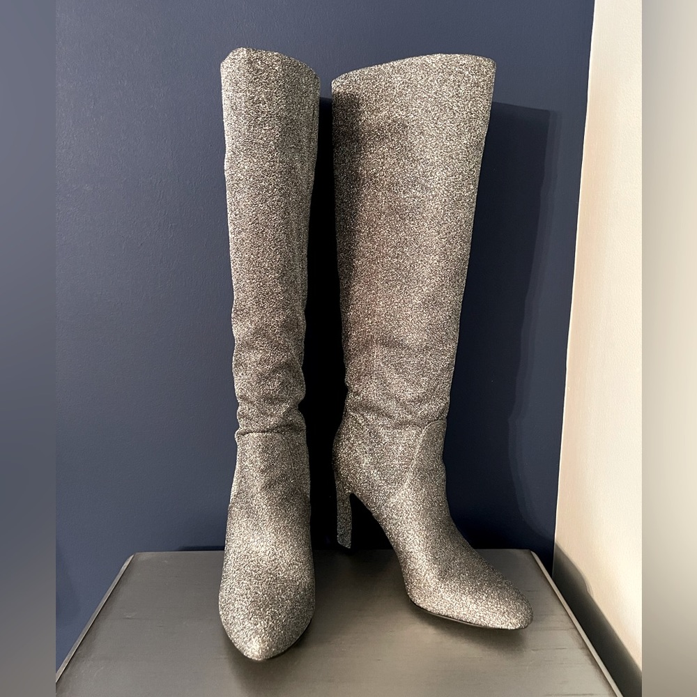 Silver metallic high heel knee high boots 9.5